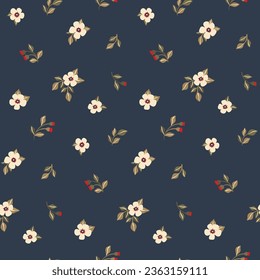 Seamless floral pattern, cute ditsy print with mini plants in winter colors. Pretty botanical design, ornament: small white flowers, red berries, twigs, leaves on blue background. Vector illustration.