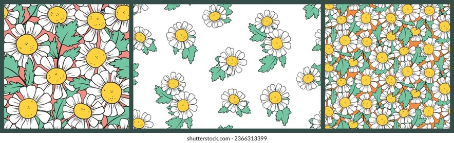 Seamless floral pattern, cute ditsy print with retro chamomiles in the collection. Pretty botanical design with hand drawn plants: line drawing white daisy flowers, leaves. Vector illustration.