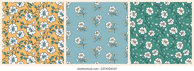Seamless floral pattern, cute ditsy print with spring blooming branches in the collection. Simple botanical design with line drawing plants: small hand drawn flowers, branches with leaves. Vector.