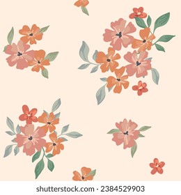 Seamless floral pattern, cute ditsy print with folk, rustic motif. Delicate botanical design: small hand drawn flowers, tiny leaves, simple bouquets on a white background. Vector illustration.