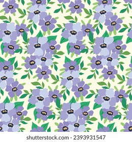Seamless floral pattern, cute ditsy print of simple blue flowers on a white background. Pretty botanical design with a romantic retro motif: hand drawn flowers bouquets, leaves on a white. Vector.