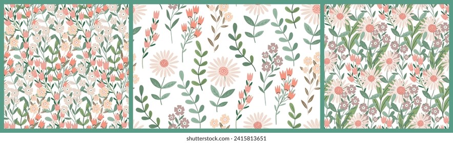 Seamless floral pattern, cute ditsy print of large chamomile flowers in the collection. Botanical design in pastel colors: simple hand drawn flowers, leaves on a white background. Vector illustration.