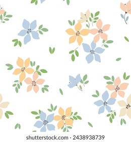 Seamless floral pattern, cute ditsy print, pretty ornament: mini flowers on white. Liberty botanical design: simple small flowers, hand drawn plants, tiny leaves. Vector wallpaper textile illustration