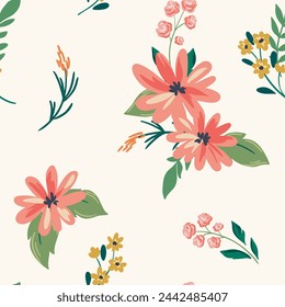 Seamless floral pattern, cute ditsy print in a romantic folk motif. Pretty botanical design, fond nature ornament: pink hand drawn flowers, leaves, bouquets on a white background. Vector illustration.