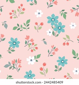 Seamless floral pattern, cute ditsy print, liberty spring ornament of simple wild plants. Pretty botanical design: small hand drawn flowers, tiny leaves abstract, pink background. Vector illustration.