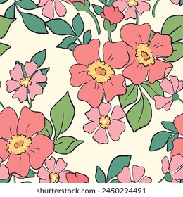 Seamless floral pattern, cute ditsy print, abstract ornament in retro motif. Pretty botanical design: hand drawn large, small flowers, leaves, line drawing meadow, colorful bouquet Vector illustration