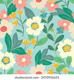 Seamless floral pattern, cute ditsy print, abstract ornament in cartoon motif. Pretty botanical design: small, large wild flowers, fond daisies, leaves, hand drawn summer meadow. Vector illustration.