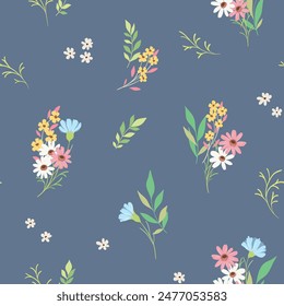 Nahtloses Blumenmuster, süßer ditsy Print, abstrakte Natur Ornament mit wilden Pflanzen. Ziemlich einfaches botanisches Design: kleine handgezeichnete Blüten, Blätter auf blauem Hintergrund. Vektorillustration.