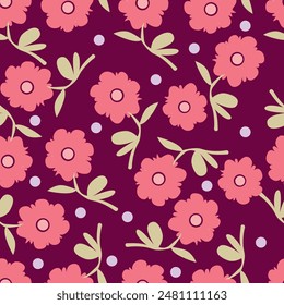 Seamless floral pattern, cute ditsy print with bouquets. Pretty botanical fabric or paper design: small hand drawn flowers, tiny leaves in liberty composition on purple background. Vector illustration
