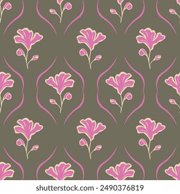 Seamless floral pattern, cute ditsy print with small pink flowers, leaves on purple background. Pretty botanical design for fabric, paper and other surfaces. Vector illustration.