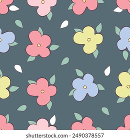 Seamless floral pattern, cute ditsy print with small pink flowers, leaves on purple background. Pretty botanical design for fabric, paper and other surfaces. Vector illustration.