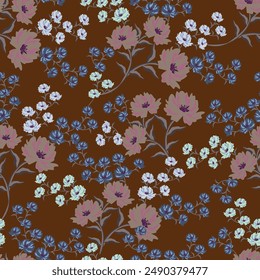 Seamless floral pattern, cute ditsy print with small pink flowers, leaves on purple background. Pretty botanical design for fabric, paper and other surfaces. Vector illustration.