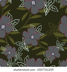 Seamless floral pattern, cute ditsy print with rustic motif. Pretty botanical design with small hand drawn flowers, sunflower, leaves on a light gentle background. Vector illustration.