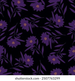Seamless floral pattern, cute ditsy print with rustic motif. Pretty botanical design with small hand drawn flowers, sunflower, leaves on a light gentle background. Vector illustration.