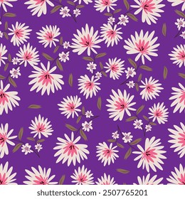 Patrón floral sin fisuras, lindo estampado elegante con motivo rústico. Diseño botánico bonito con Pequeñas flores dibujadas a mano, girasol, hojas sobre un fondo suave y ligero. Ilustración vectorial.