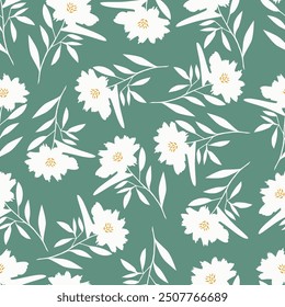 Nahtloses Blumenmuster, süßer diffiziler Druck mit rustikalem Motiv. Hübsches botanisches Design mit kleinen handgezeichneten Blumen, Sonnenblumen, Blättern auf hellem Hintergrund. Vektorgrafik.