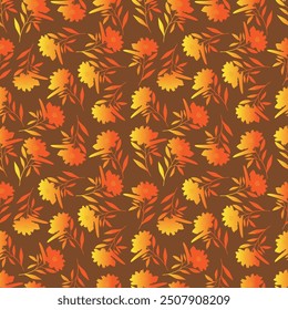 Seamless floral pattern, cute ditsy print with rustic motif. Pretty botanical design with small hand drawn flowers, sunflower, leaves on a light gentle background. Vector illustration.