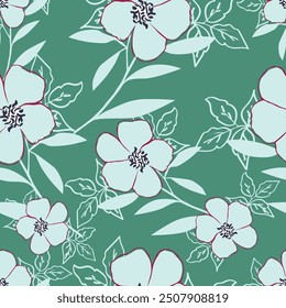 Seamless floral pattern, cute ditsy print with rustic motif. Pretty botanical design with small hand drawn flowers, sunflower, leaves on a light gentle background. Vector illustration.