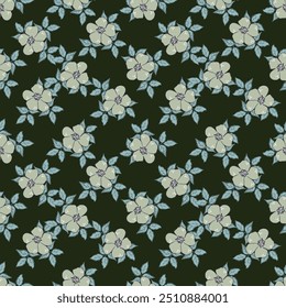 Nahtloses Blumenmuster, süßer diffiziler Druck mit rustikalem Motiv. Hübsches botanisches Design mit kleinen handgezeichneten Blumen, Sonnenblumen, Blättern auf hellem Hintergrund. Vektorgrafik.