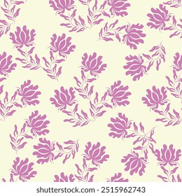 Padrão floral contínuo, impressão ditsy bonito com pequenas flores rosa, folhas em fundo roxo. Design botânico bonito para tecido, papel e outras superfícies. Ilustração vetorial.