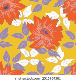 Seamless floral pattern, cute ditsy print with small pink flowers, leaves on purple background. Pretty botanical design for fabric, paper and other surfaces. Vector illustration.