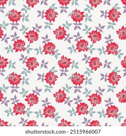 Seamless floral pattern, cute ditsy print with small pink flowers, leaves on purple background. Pretty botanical design for fabric, paper and other surfaces. Vector illustration.