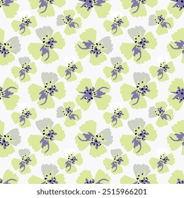 Patrón floral sin fisuras, lindo estampado de ditsy con Pequeñas flores de color rosa, hojas sobre fondo púrpura. Diseño botánico bonito para la tela, el papel y otras superficies. Ilustración vectorial.