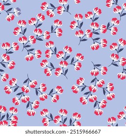 Nahtloses Blumenmuster, süßer, schmutziger Druck mit kleinen rosa Blumen, Blätter auf violettem Hintergrund. Hübsches botanisches Design für Gewebe, Papier und andere Oberflächen. Vektorgrafik.