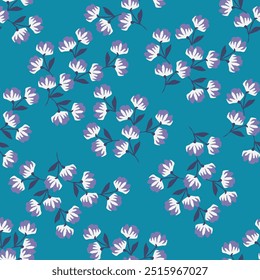 Padrão floral contínuo, impressão ditsy bonito com pequenas flores rosa, folhas em fundo roxo. Design botânico bonito para tecido, papel e outras superfícies. Ilustração vetorial.