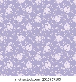 Seamless floral pattern, cute ditsy print with small pink flowers, leaves on purple background. Pretty botanical design for fabric, paper and other surfaces. Vector illustration.