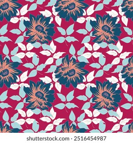 Patrón floral sin fisuras, lindo estampado de ditsy con Pequeñas flores de color rosa, hojas sobre fondo púrpura. Diseño botánico bonito para la tela, el papel y otras superficies. Ilustración vectorial.