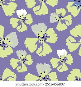 Seamless floral pattern, cute ditsy print with small pink flowers, leaves on purple background. Pretty botanical design for fabric, paper and other surfaces. Vector illustration.