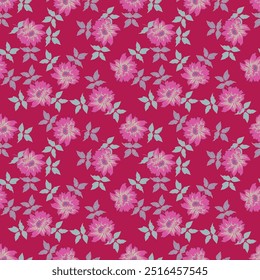 Seamless floral pattern, cute ditsy print with small pink flowers, leaves on purple background. Pretty botanical design for fabric, paper and other surfaces. Vector illustration.