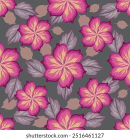 Seamless floral pattern, cute ditsy print with small pink flowers, leaves on purple background. Pretty botanical design for fabric, paper and other surfaces. Vector illustration.