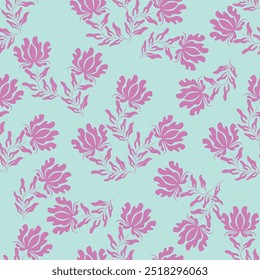 Patrón floral sin fisuras, lindo estampado de ditsy con Pequeñas flores de color rosa, hojas sobre fondo púrpura. Diseño botánico bonito para la tela, el papel y otras superficies. Ilustración vectorial.