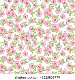 Patrón floral sin fisuras, lindo estampado elegante con plantas decorativas simples. Diseño de superficie botánico bonito: Pequeñas flores dibujadas a mano, hojas, prado colorido sobre un fondo blanco. Ilustración vectorial.