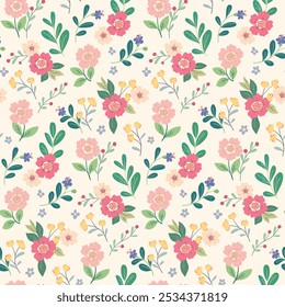 Seamless floral pattern, cute ditsy print, abstract ornament of decorative art wild plants. Pretty botanical design: small hand drawn pink daisy flowers, bouquets, leaves. Vector illustration.