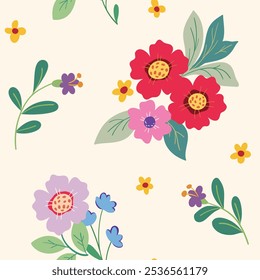 Patrón floral sin fisuras, lindo estampado elegante, adorno abstracto de flores de estilo popular de dibujos animados decorativos. Diseño botánico: flores rojas dibujadas a mano, ramos simples, hojas. Ilustración vectorial.