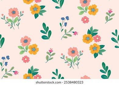 Patrón floral sin fisuras, lindo estampado elegante, adorno abstracto de flores de arte decorativo de dibujos animados. Diseño botánico: Pequeñas flores dibujadas a mano, hojas, ramos simples. Bonita Ilustración vectorial.