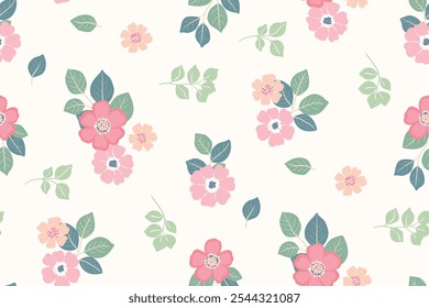 Seamless floral pattern, cute ditsy tile print, abstract ornament of gentle decorative flowers. Botanical surface design: small hand drawn flowers, green leaves, bouquets on white. Vector illustration