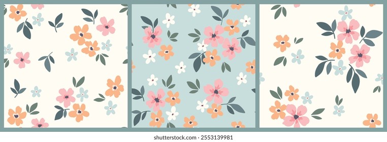 Padrão floral contínuo, impressão ditsy bonito no estilo da liberdade. Coleção de design botânico bonito em cores pastel: pequenas flores margaridas desenhadas à mão, folhas minúsculas, buquês simples. Ilustração vetorial.