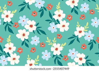 Seamless floral pattern, cute ditsy print of mini pretty spring plants. Hand drawn botanical wallpaper, textile design: small daisy flowers, tiny leaves, simple bouquets on green. Vector illustration.