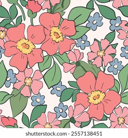 Seamless floral pattern, cute ditsy print in romantic motif. Delicate botanical design in spring colors: large hand drawn daisy flowers, small leaves, simple plants. Vector illustration.