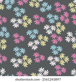 Seamless floral pattern, cute ditsy print with small ornamental plants on a pink background. Pretty modern botanical surface design with little flowers and leaves in an abstract composition