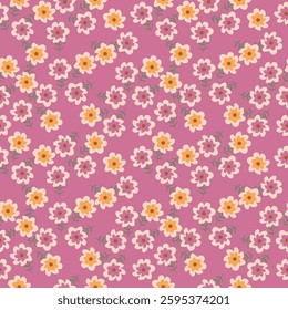 Seamless floral pattern, cute ditsy print with pretty spring, summer flora. Liberty botanical design with small hand drawn plants: simple flowers, leaves on white background. Vector illustration