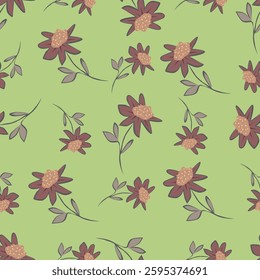 Seamless floral pattern, cute ditsy print with pretty spring, summer flora. Liberty botanical design with small hand drawn plants: simple flowers, leaves on white background. Vector illustration