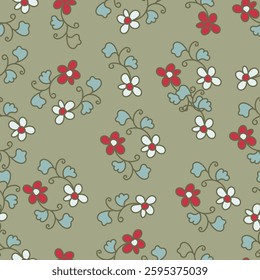 Seamless floral pattern, cute ditsy print with pretty spring, summer flora. Liberty botanical design with small hand drawn plants: simple flowers, leaves on white background. Vector illustration