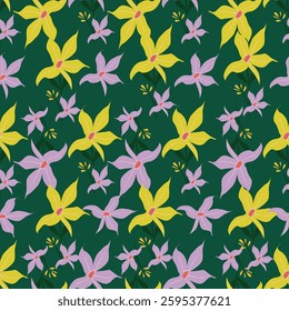 Seamless floral pattern, cute ditsy print with pretty spring, summer flora. Liberty botanical design with small hand drawn plants: simple flowers, leaves on white background. Vector illustration