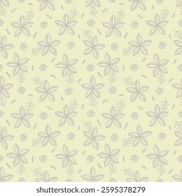 Seamless floral pattern, cute ditsy print with pretty spring, summer flora. Liberty botanical design with small hand drawn plants: simple flowers, leaves on white background. Vector illustration
