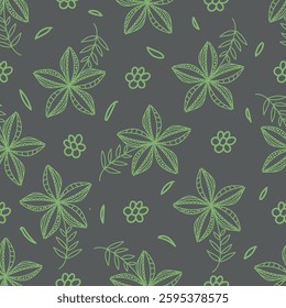 Seamless floral pattern, cute ditsy print with pretty spring, summer flora. Liberty botanical design with small hand drawn plants: simple flowers, leaves on white background. Vector illustration